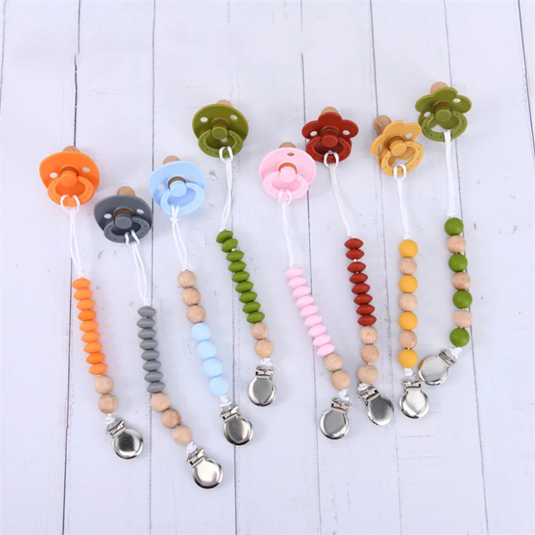 BPA Free Soft Toddler Silicone wood Beads Dummy baby pacifier clip nipple