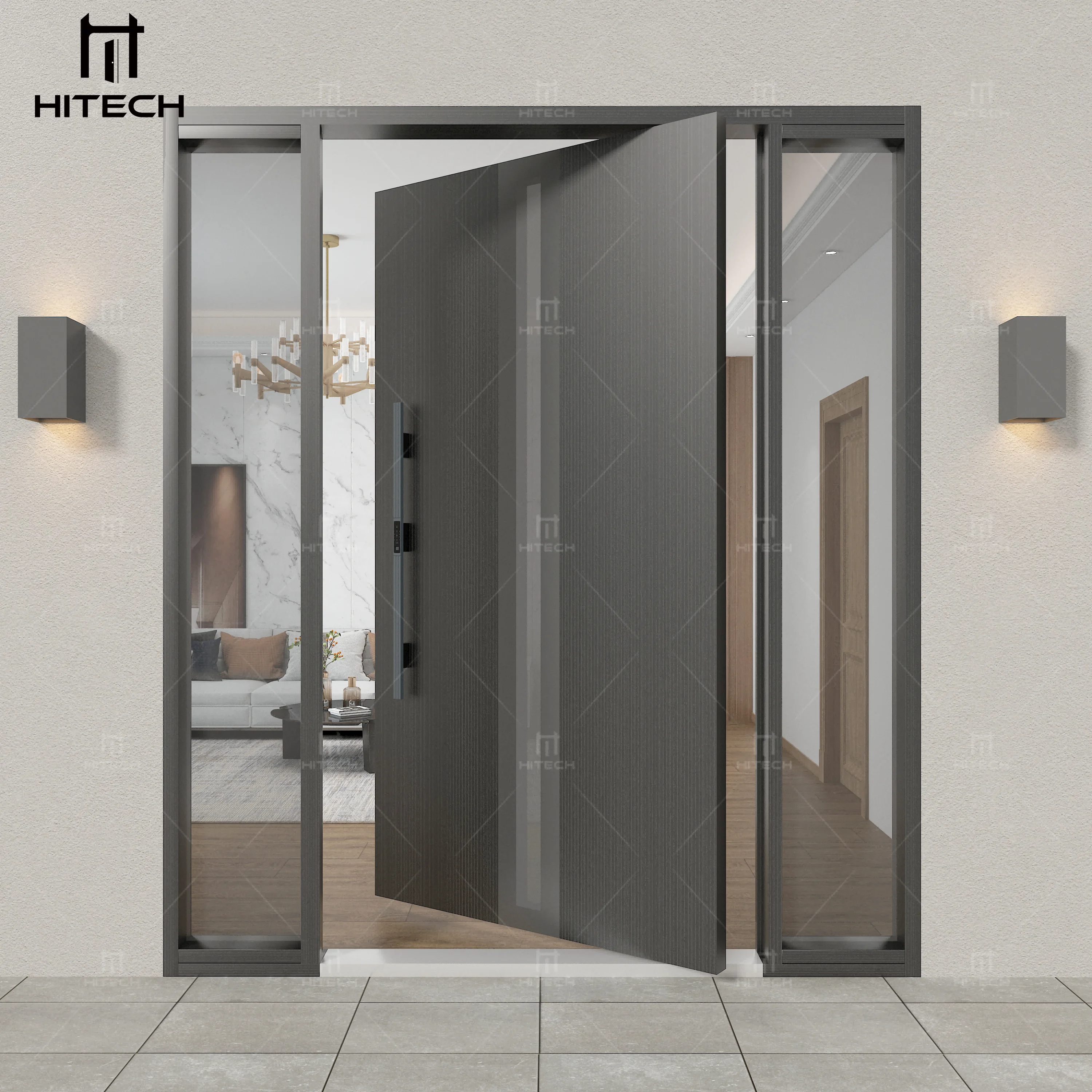 Hitech 36 inches front pivot aluminum doors security front entrance doors hurricane impact apartment villa metal door with glass