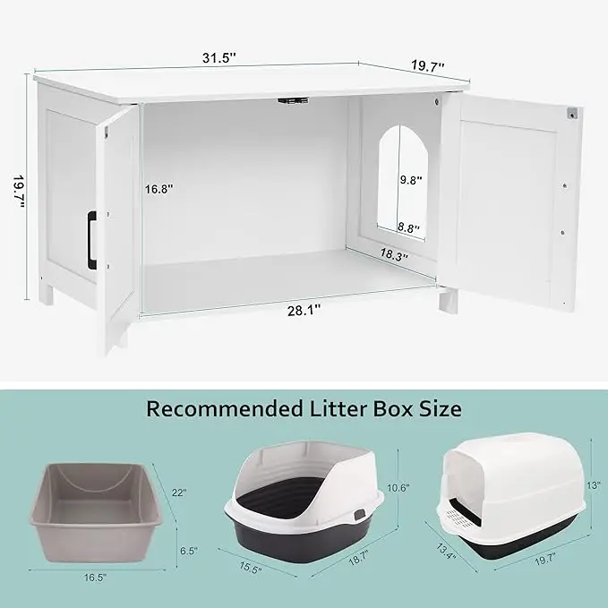 Wooden Cat Litter Box Enclosure with Barn Door - Hidden Furniture for Most Litter Boxes, Cat House in White Finish
