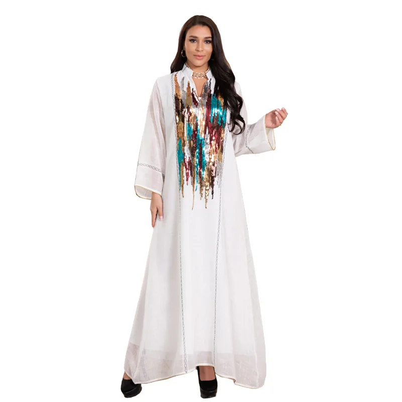 Ramadan Sequin Jalabiya Moroccan Kaftan Dresses Abaya Women Muslim Evening Dress Polyester Adults White Caftan Marocain 1 Piece