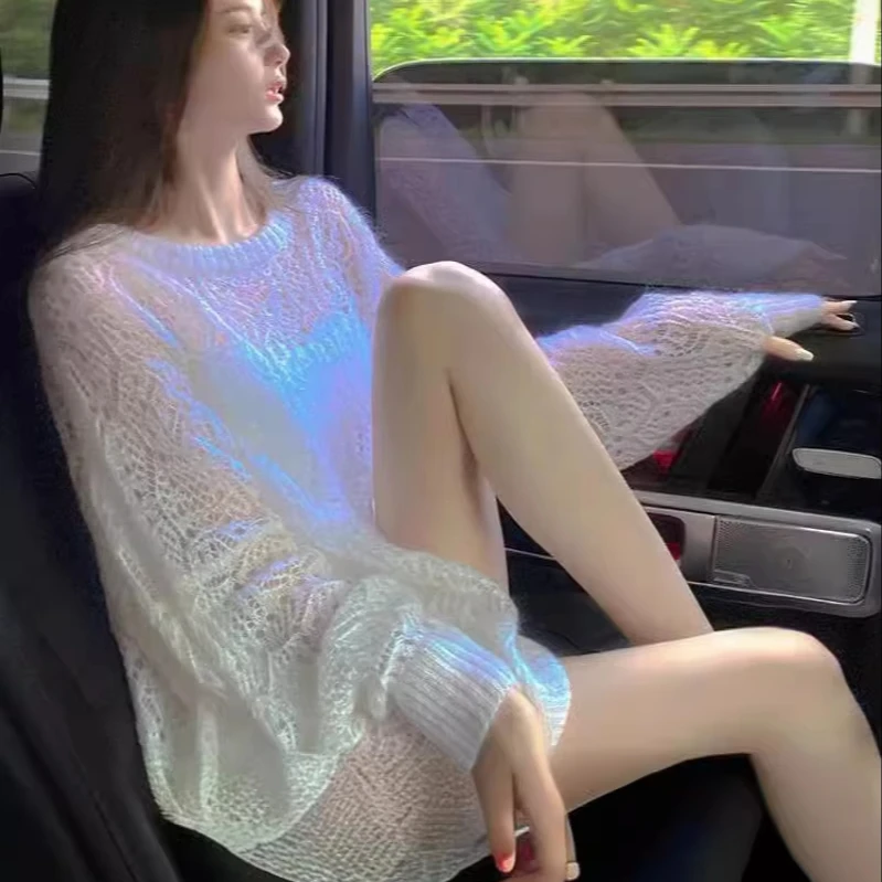 Early Spring All-Match Elegant Bat Sleeve Top Loose Sweater Sling with Soft Waxy Finish Gentle Fairy Hollow Pattern for Parties