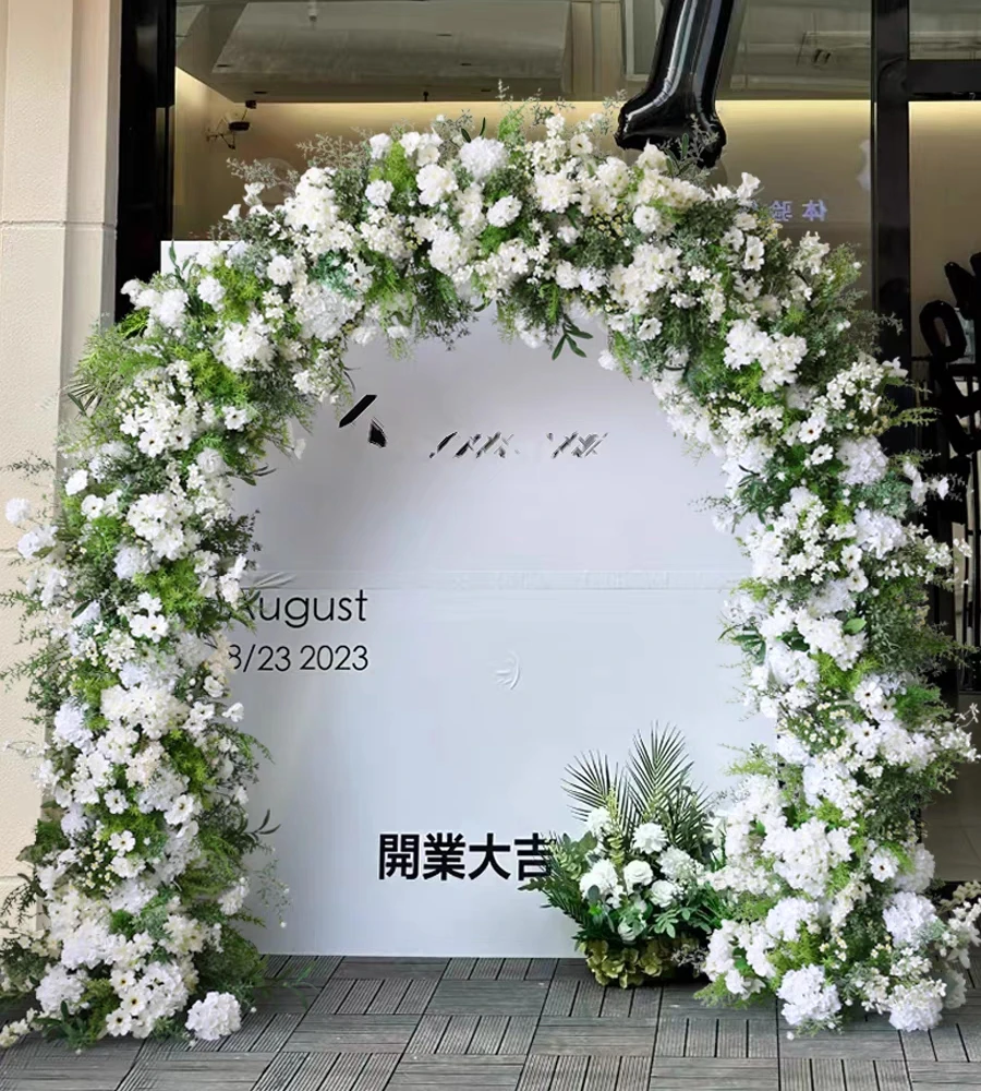 Custom Wedding Green Wild Flowers Artificial Silk White Roses Floral Greenery Arch Backdrop Event Arches for Birthday Party