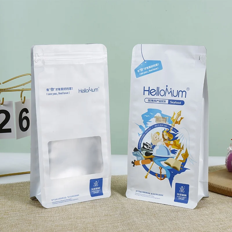 Custom printing flat bottom ziplock plastic bag for oat snack food packaging bag zipper side gusset bag with window