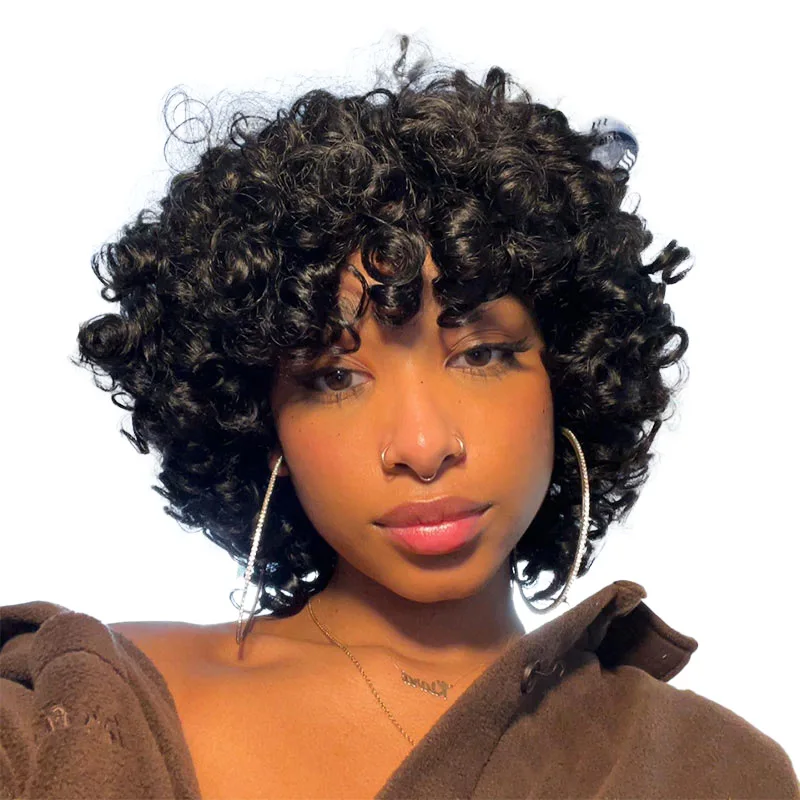 Double Drawn Wigs With Fringe Bouncy Curls Wig With Bang Fumi Curly Human Hair Short Machine Made Bouncy Curl Wigs For Women