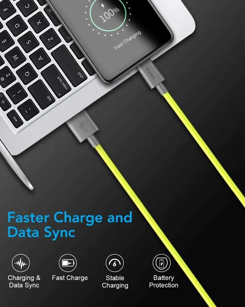 USB Type C Cable,Neon Yellow USB C to USB A Charger Fast Charging Cord for Samsung Galaxy