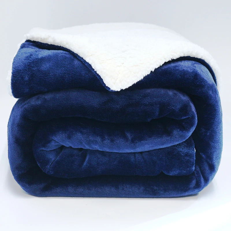 Мягкое двустороннее Флисовое одеяло, очень толстые фланелевые одеяла из шерпы, темно-синие двухслойные одеяла из овечьей шерсти на зиму