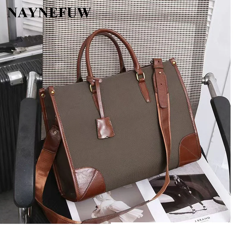 2024 Guangzhou Factory Customized High Quality Nylon Large Laptop Handbag Tote With Wide Strap Leather