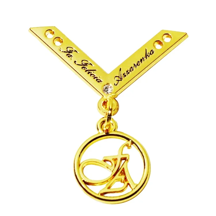 Fashion garment accessory metal name tags gold plated enamel letter label clothing sewing plate with round logo