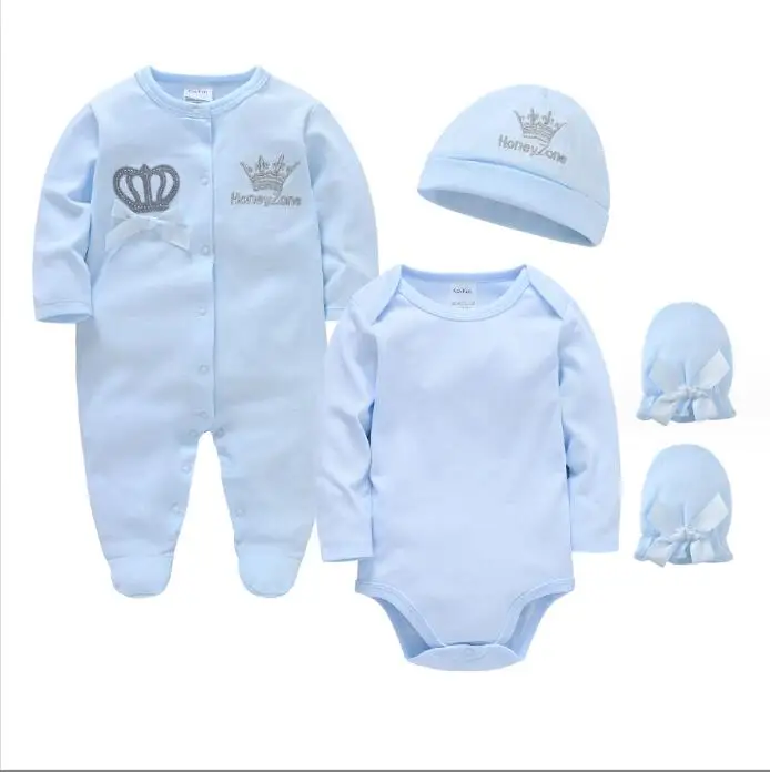 100% Cotton Baby Clothing Sets Boys 3-9 Months Blue Baby Romper +Hats+Mittens Newborn Gift Set