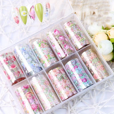 10Pcs/box Stars Lattice Transfer Holographic Charm Women Flowers Butterfly Colorful Celebrity Nail Art Foil Transfer