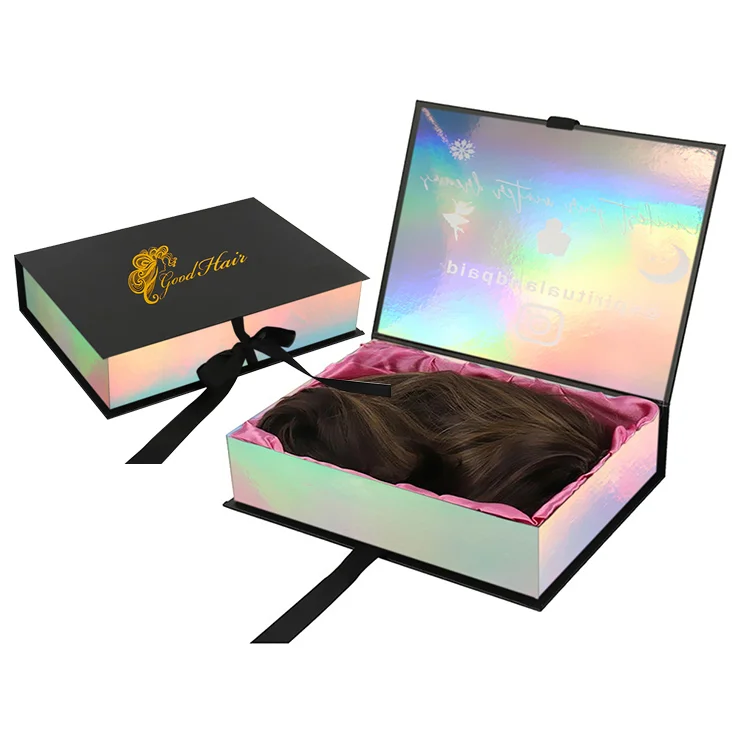 Custom Logo black Wig Packaging Box With Silk Satin Lined Luxury Magnetic Packaging Box For Hair Extension