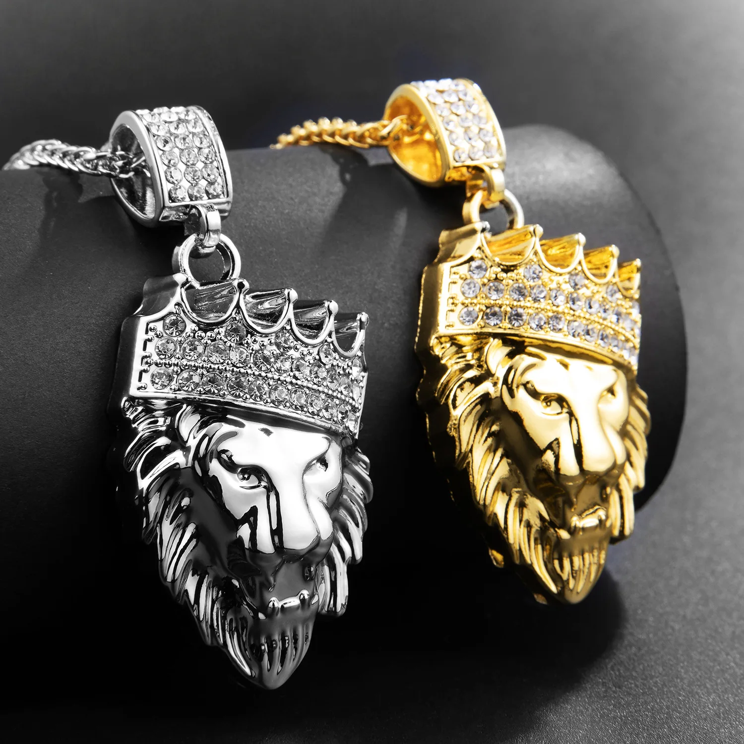 NEW Hip Hop Jewelry Iced Out Clear Rhinestones Curb Cuban Chain Crown Lion Head Pendant Necklace Gold Zinc Alloy for Men Women