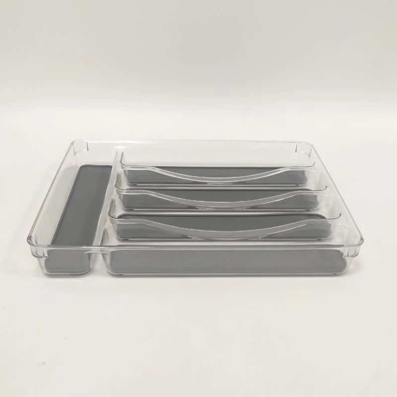 Plastic cutlery tray transparent PET material with blue grey TPR BPR Free Kitchen tray for spoon fork