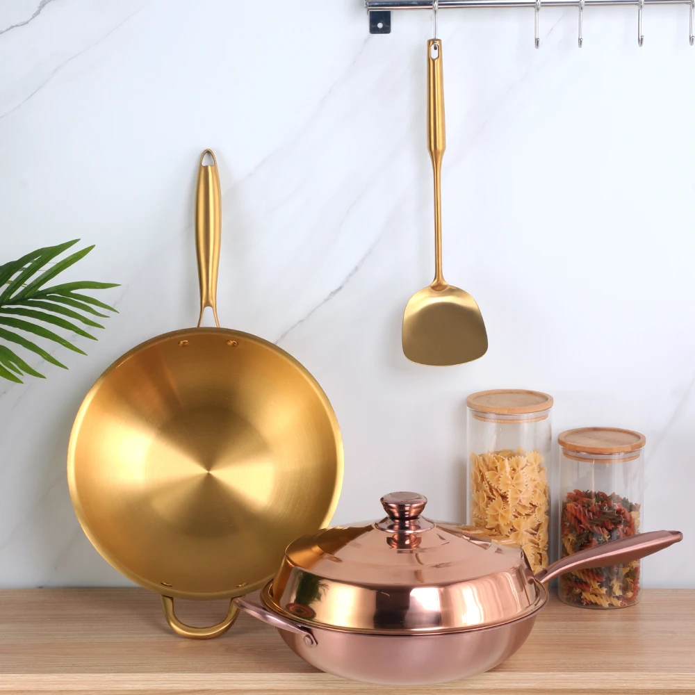 Household Matte Finish Stainless Steel Heavy Duty Wok with Lid and Cooking Shovel