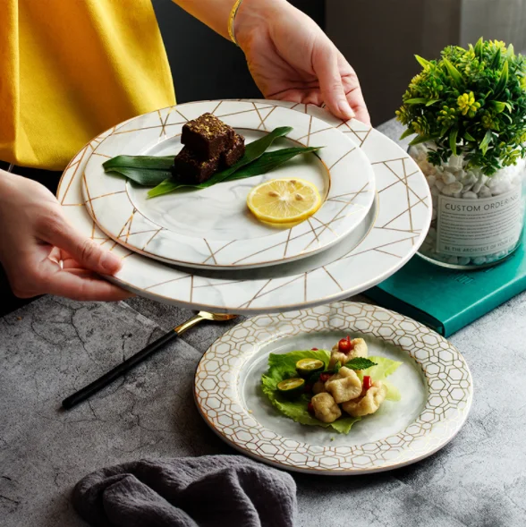 
Nordic style painting gold marble pattern western food salad household steak dessert table setting ceramic plate 