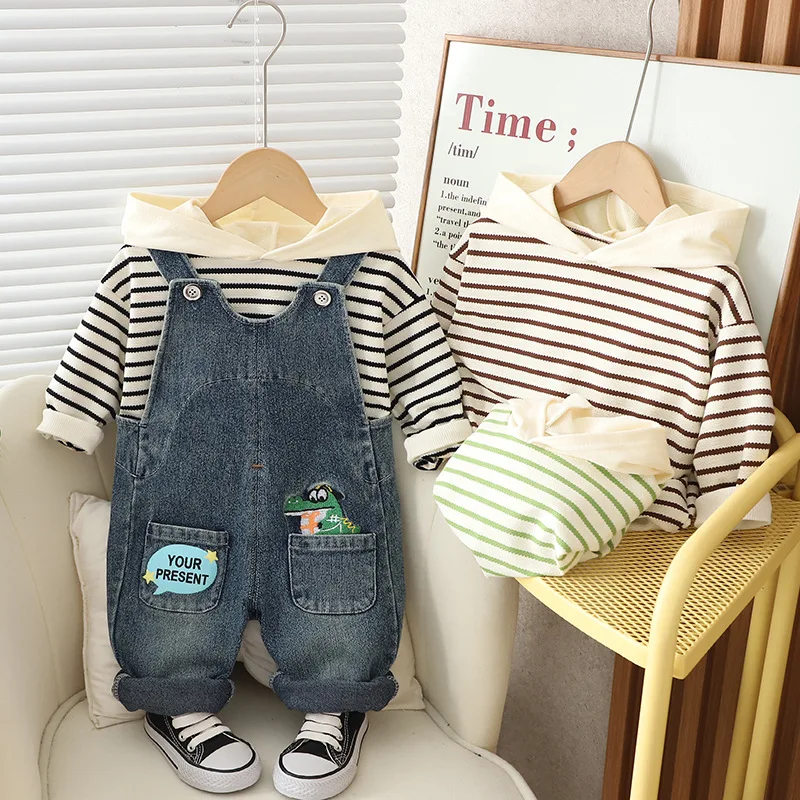 Boys spring and autumn stripe dinosaur western band trousers set