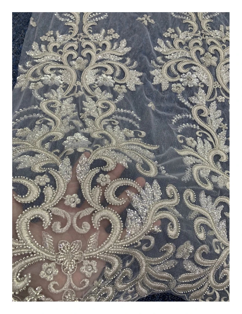 newest bridal dress fabric import metallic thread quality with heavy sequins beads lace fabric