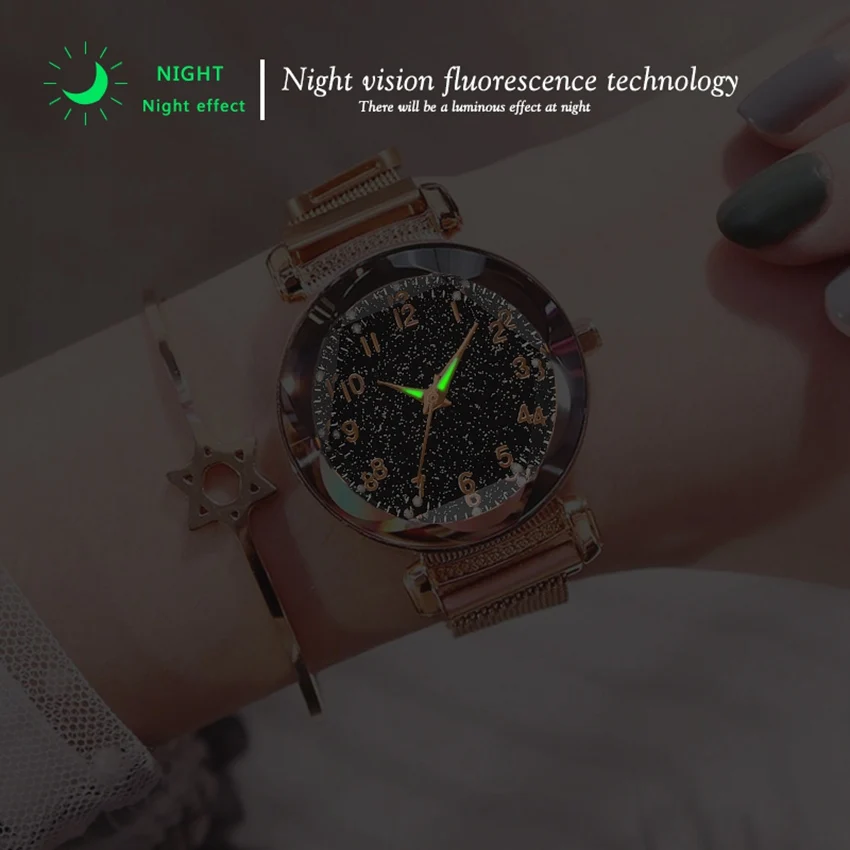 
Fashion Women Watches Luminous Luxury Elegant Magnet Buckle Ladies Wristwatch Rose Gold New Starry Sky Rhinestone Clock Relogio 