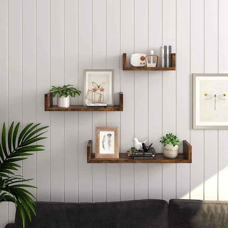 VASAGLE Living Room Bedroom Rustic Brown U-Shaped Decorations Set of 3 Wall Shelves Vintage-Style Wall-Mounted Floating Shelves