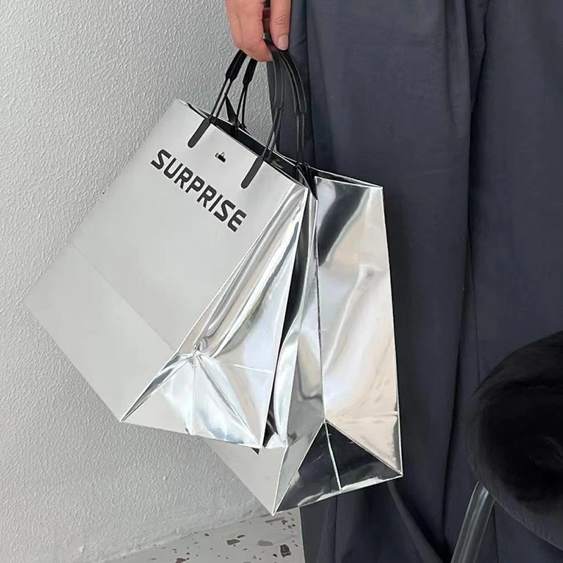 Personalized Custom Reflective Silver Art Cardboard Paper Bag with Debossed Silver Foil Logo Print