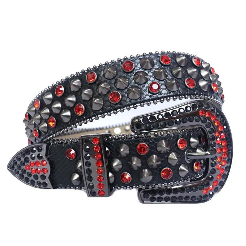 Simon Western Punk Style BB Rhinestone Belt Fashionable Alloy Buckle Wide PU Leather Crystal Belt for Men and Women