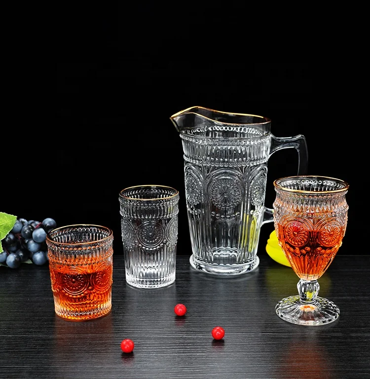 Hot Sale Machine Made Sunflower Design Vintage Wine Glasses Cups Drinking high-ball Glass Goblets Pitcher Tumbler With Gold Rim