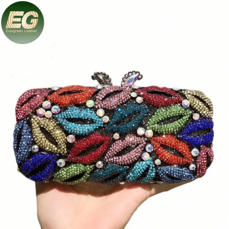 LEB1284 Luxury bling rhinestone sparkling purses diamond crystal hand bags red lip pattern women stones clutch bag