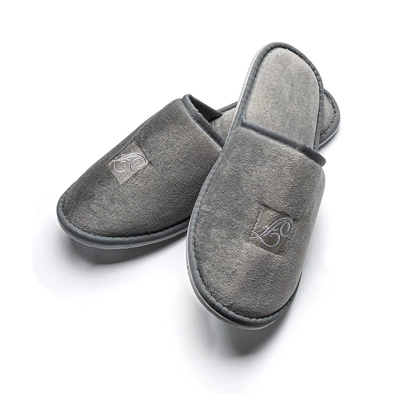 Wholesale Luxury Grey Disposable Slippers Coral Fleece Velour Canvas Cotton Hotel Slippers