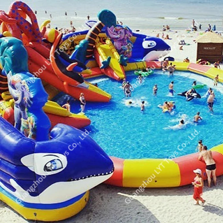 Commercial Inflatable Park Bounce House Water Slide With Pool Inflatable Water Park Games