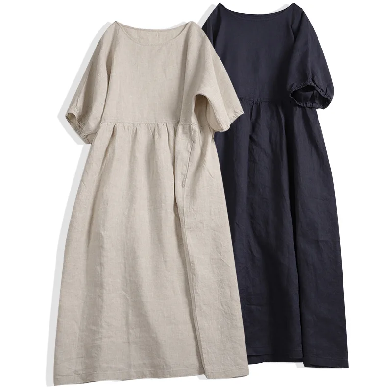 2022 Spring summer 100% linen dress Japanese style short sleeve dress loose design