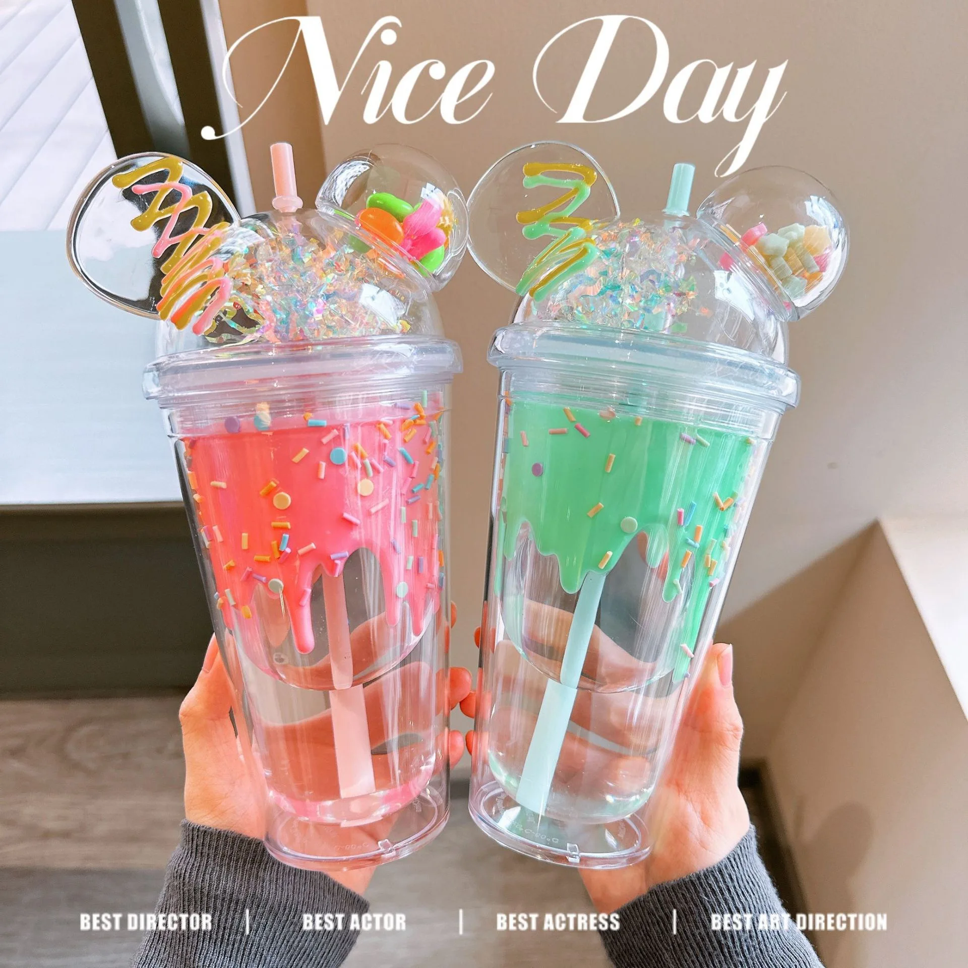KK139 Cute Ear Tumbler Coffee Juice Ice Cup With Straw Double layered summer Ice Cream Transparent Plastic Cups Wholesale