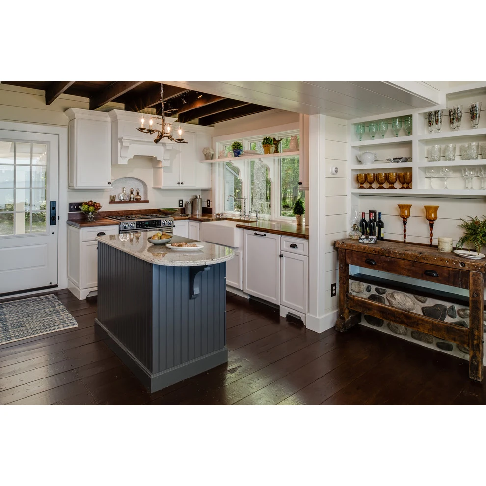 Hot selling classic design shaker blue custom island kitchen cabinets ready to assemble brass handles