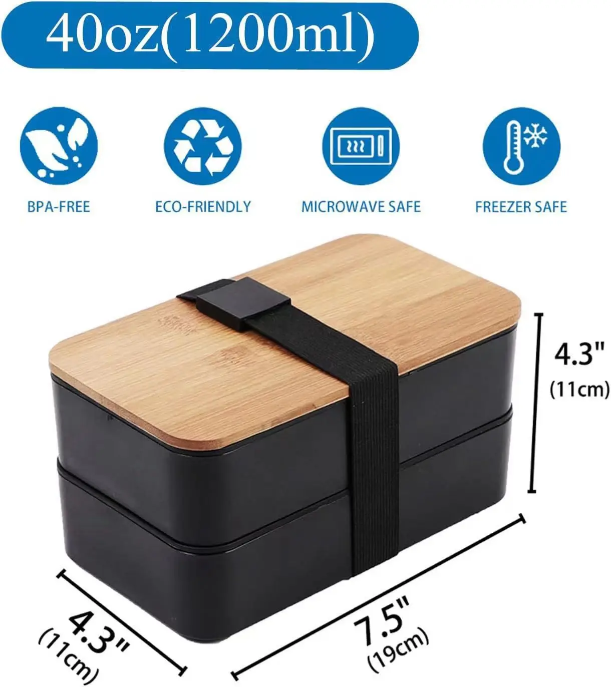 Plastic portable 2-layer stacked bento box with wooden lid and cutlery set 1200ml