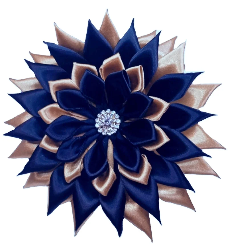 7*7 inch Large Navy and gold flower brooch with rhinestone petals, church fashion, sorority brooch, Shoulder Flower Brooch