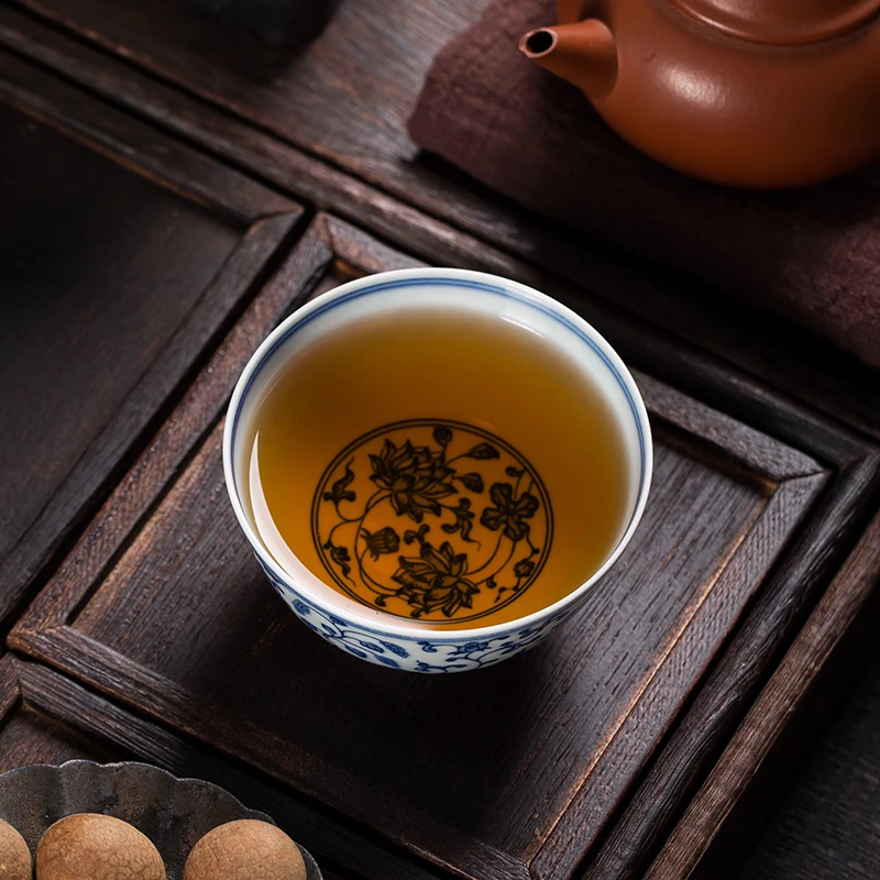 Handmade Jingdezhen Porcelain Tea Set Stone Kiln Blue and White Ceramic Tea Cup Hand-Painted Lotus Kung Fu Tea Cup Wholesale