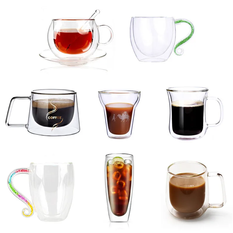 Various Double Wall Glass Coffee Cups Insulated Milk Mug with Handle Clear beer mug 80/150/200/250/350/450ml