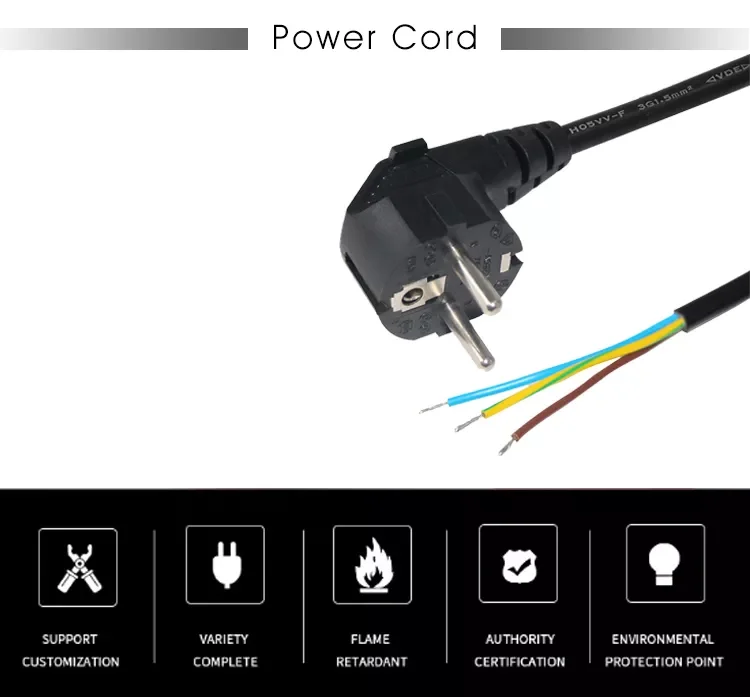 250V 16A EU 3 Prongs Right Angle Schuko Plug to Stripped End Power Cord 3cores 0.75m2 for Laptop Computer