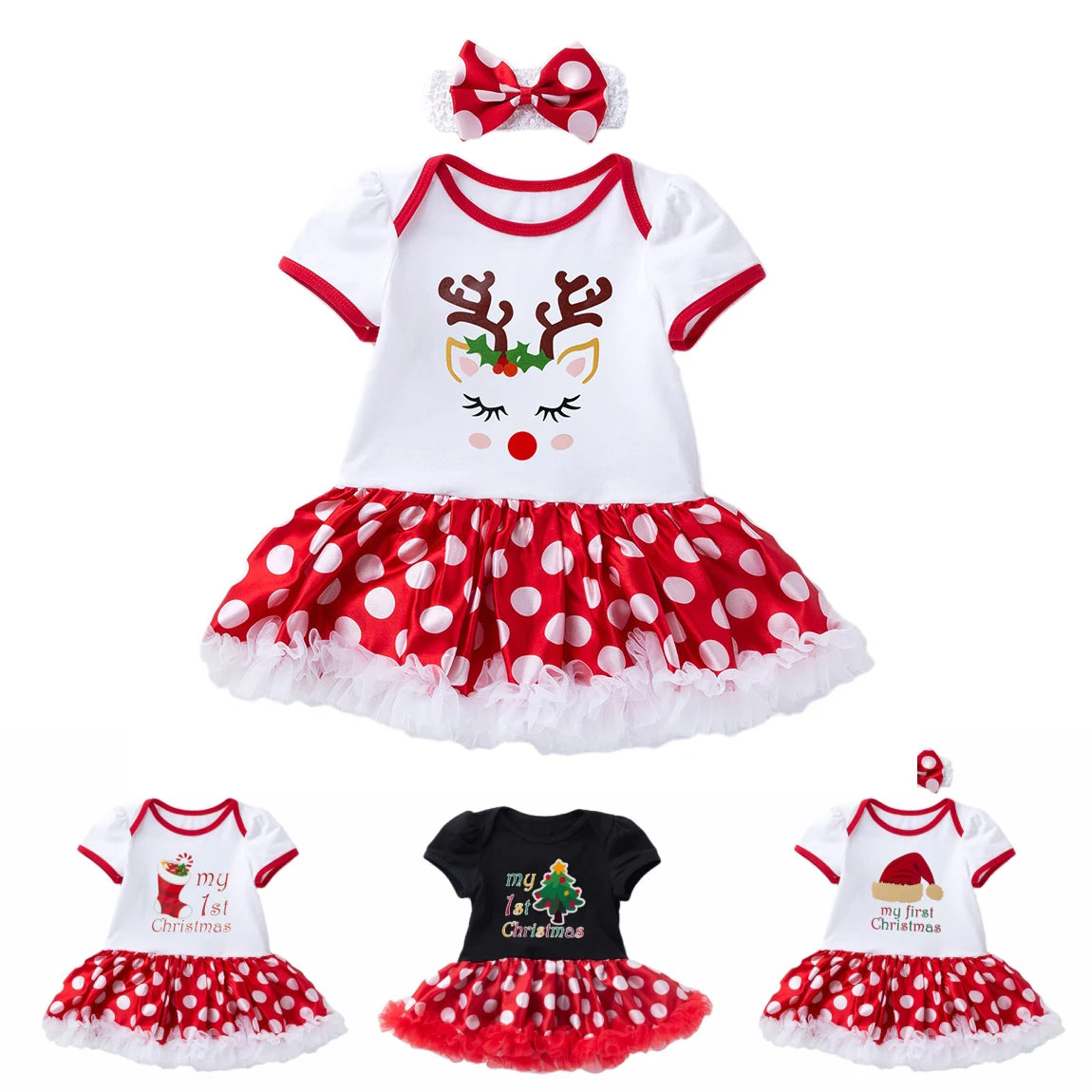 Baby Short Sleeves Christmas Dress My 1st Christmas Outfit Baby Black Romper Infant Girl Dress Santa Claus Clothing Set For Baby