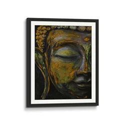 Hand Painted Colorful Buddha Green Bronze Brown Statue Hand Made Framed Matted 3D Brushstroke Texture for Home Decor