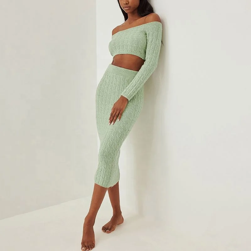 2022 Wholesale Two Piece Set Ladies Skirts Off Shoulder Crop Tops Midi Skirt 2 Women Sweater Fleece Knitted Autumn Suit