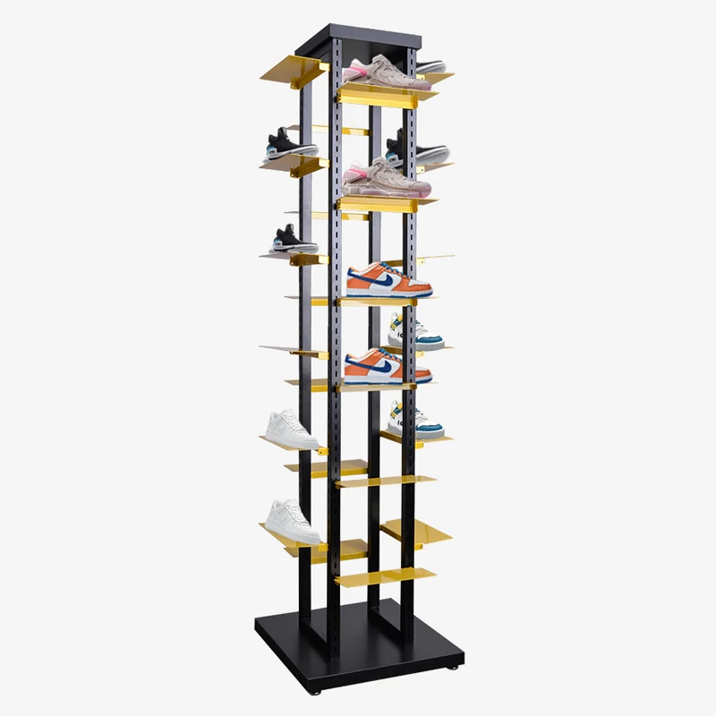 Footwear brand retail chain sneaker store fixtures metal rack powder coated black 4 ways shoes stand display