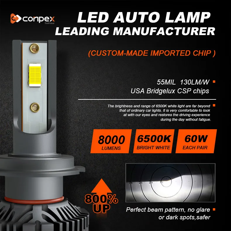 Conpex Manufacturer High Power 30w 3000lm 12V IP68 Waterproof Bridgelux CSP h4 h7 car lights led headlight bulb