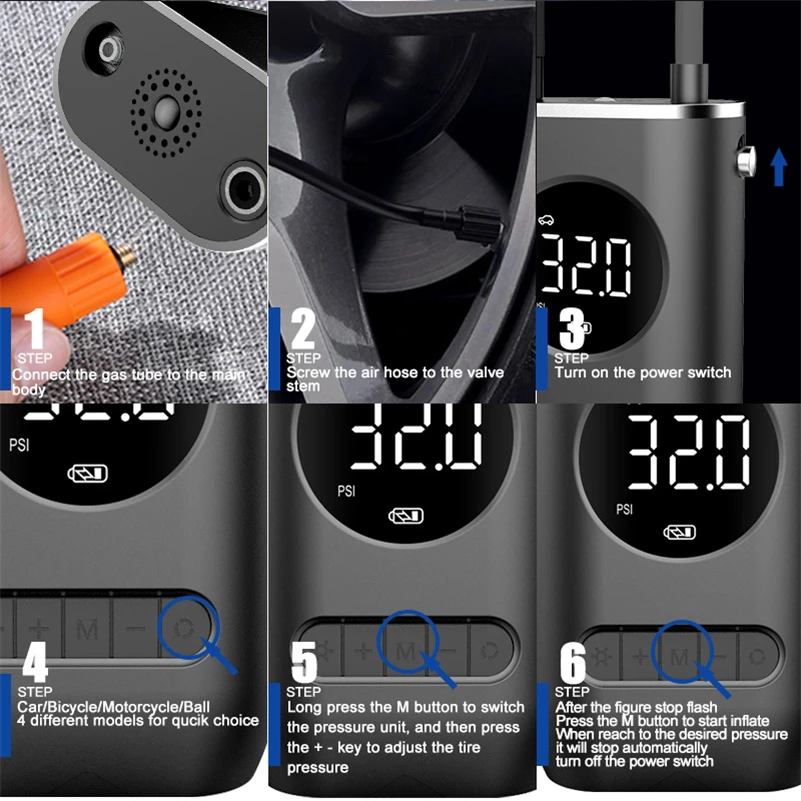 Bike Motorcycle Car Pump 150PSI Compressor de ar portatil com inflador de pneu mini com bateria recarregavel de 4000 mAh