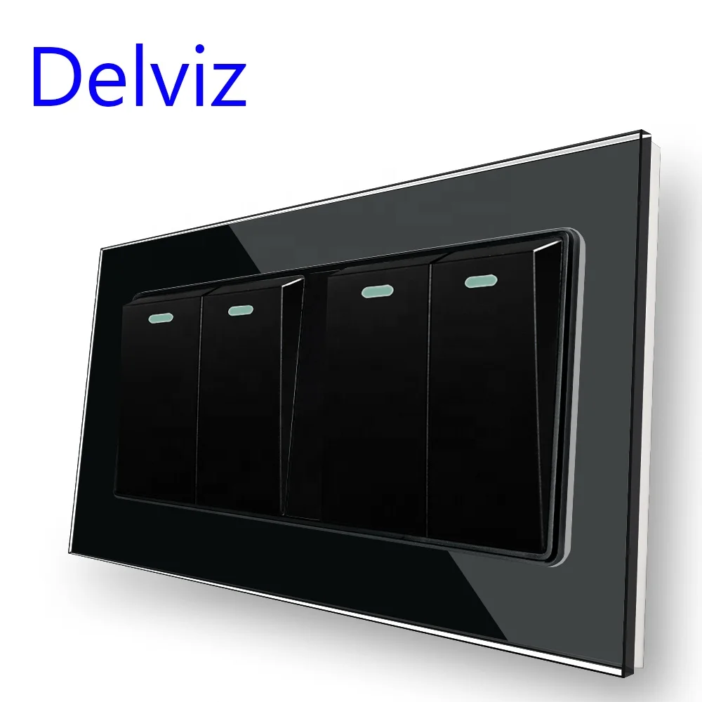 Delviz Toughened Crystal Glass Switch Panel, AC 110V~250V Square 16A Power controller, 4 Gang 2 Way Push Button Wall Lamp Switch