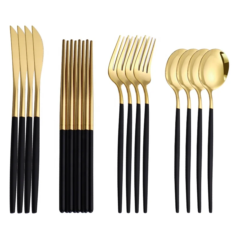 Aliexpress Hot Sale 16 Pcs Black Gold Cutlery Chopsticks Knife Fork Spoon Stainless Steel Korean Luxury Flatware Set