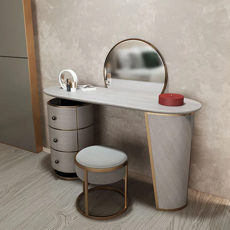 Italian Style Irregular Shape Leg Gray Dressing Table With Round Mirror And Large Storage Bedroom Furniture Set Dresser Table