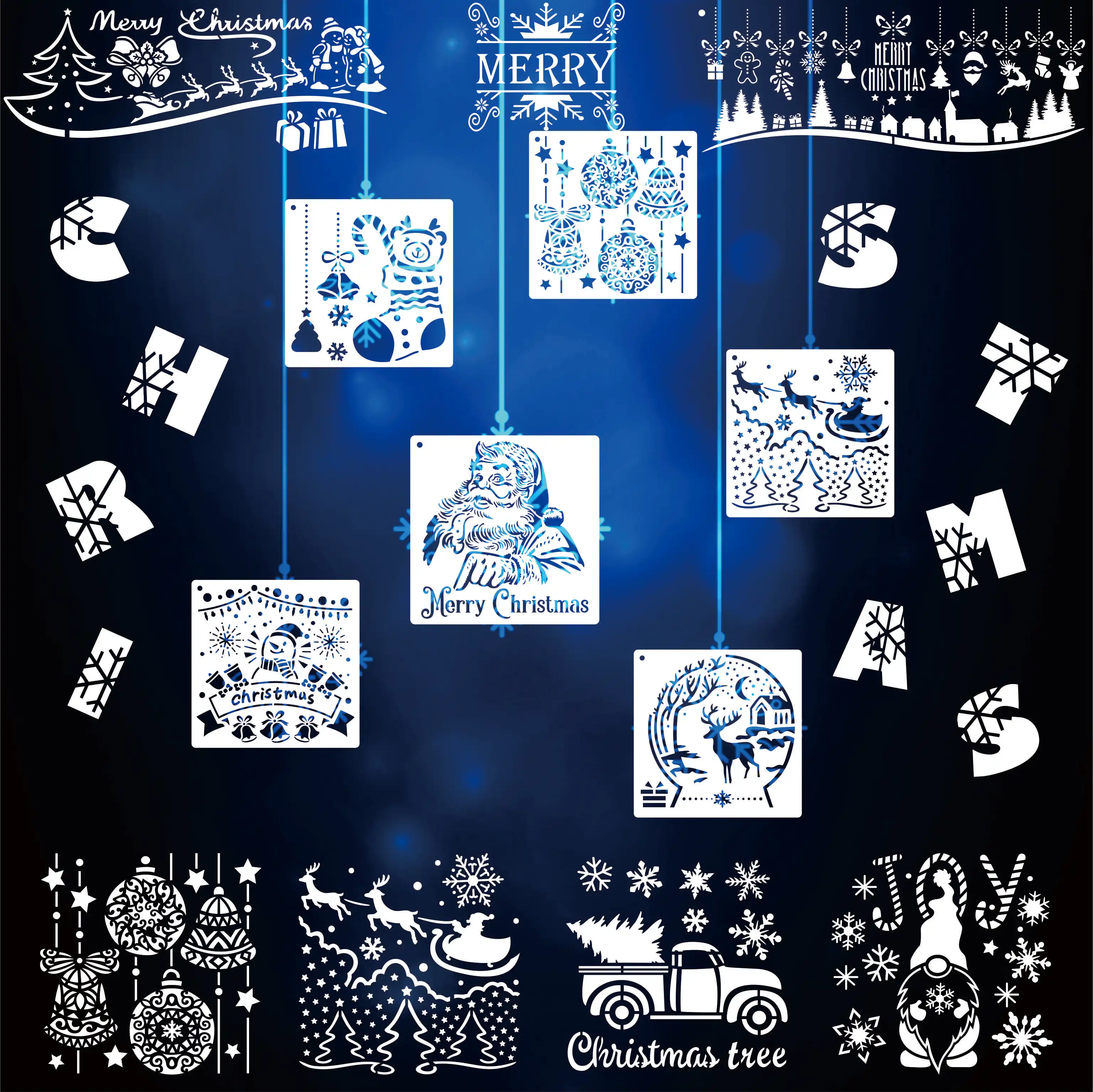 High Quality Merry Christmas Set PET Plastic Stencil Drawing Template For Window Decorate