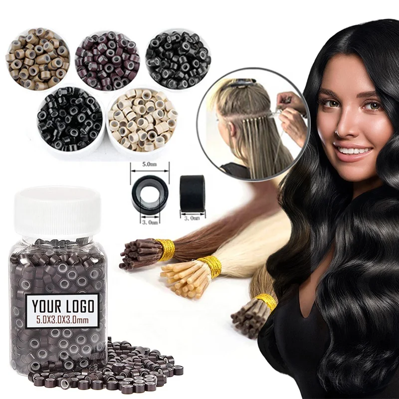 Hot Selling custom logo 5.0*3.0*3.0mm Silicone Lined Micro Link Beads Hair Extension Tools Aluminium silicone lined Micro Ring