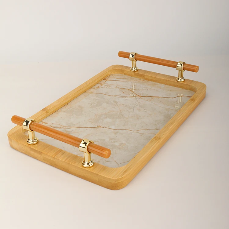 Retro Rectangular Art Figured Textured Sheet Patterned Plastic bottom Fruit Tray Tea Cup Tray bamboo Serving Snack Tray Set