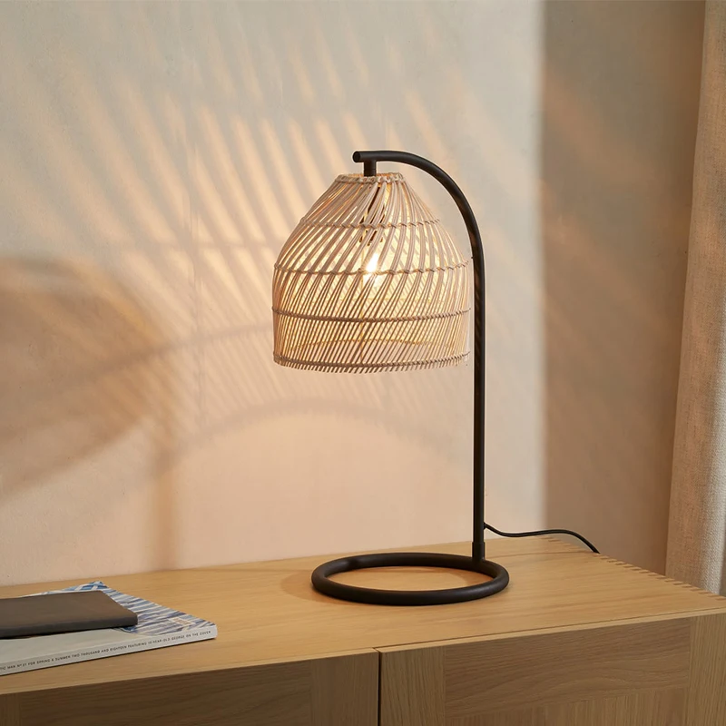 Wholesale Modern Small Nightstand Minimalist Handwoven Natural Black Rattan Wood Bamboo Table Lamp for Bedroom